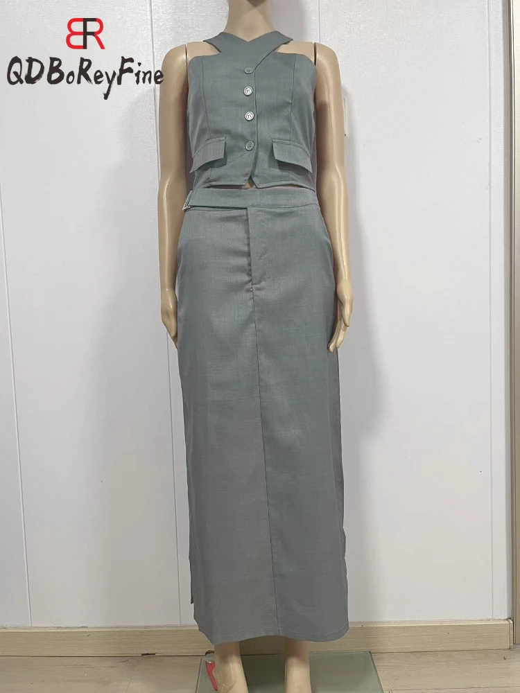 Letnie spódnice damskie Eleganckie biurowe damskie rękawy Crop Vest Tank Tops Maxi Skirts Rozcięcia po bokach Dwuczęściowe zestawy dla kobiet