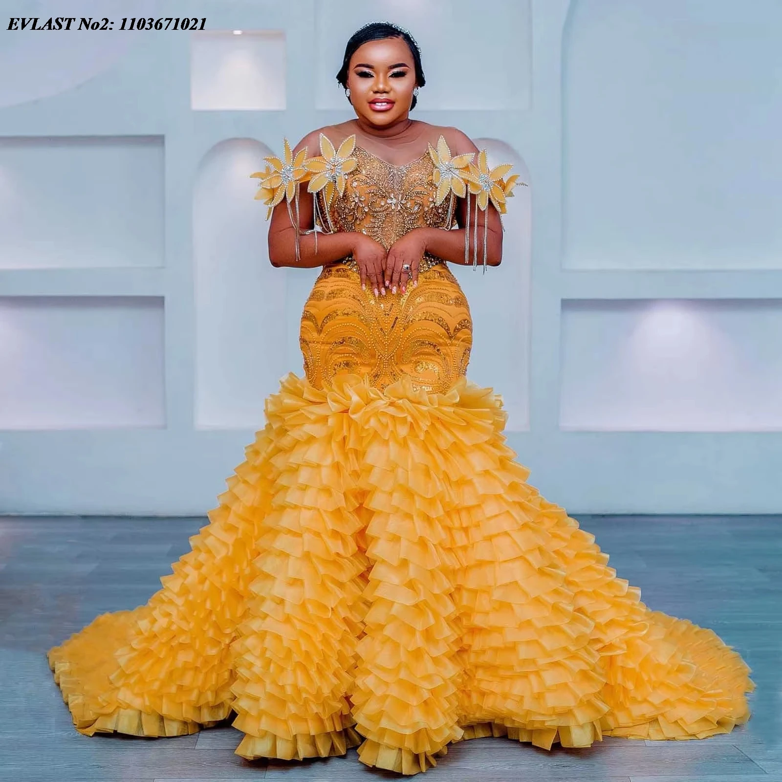 

EVLAST Customized African Gold Yellow Prom Dress Luxury Beaded Floral Mermaid Wedding Party Dress Nigerian Evening Gown E2P80