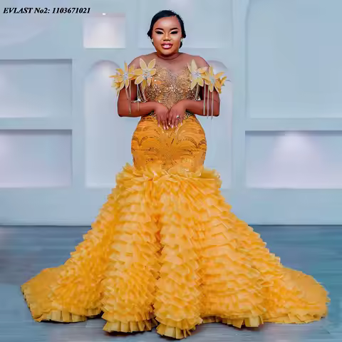 EVLAST Customized African Gold Yellow Prom Dress Luxury Beaded Floral Mermaid Wedding Party Dress Nigerian Evening Gown E2P80