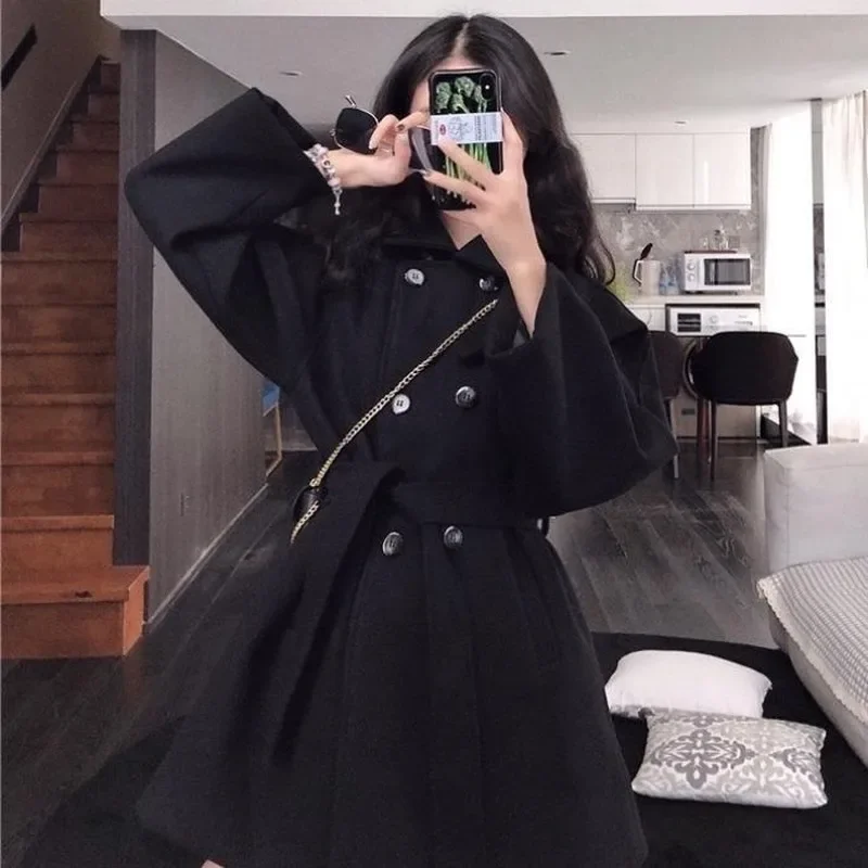 

Wool Blends Coats Black Sashes Slim Double Breasted Turn-down Collar Warm Elegant Outerwear Female Overcoat Leisure Chic New