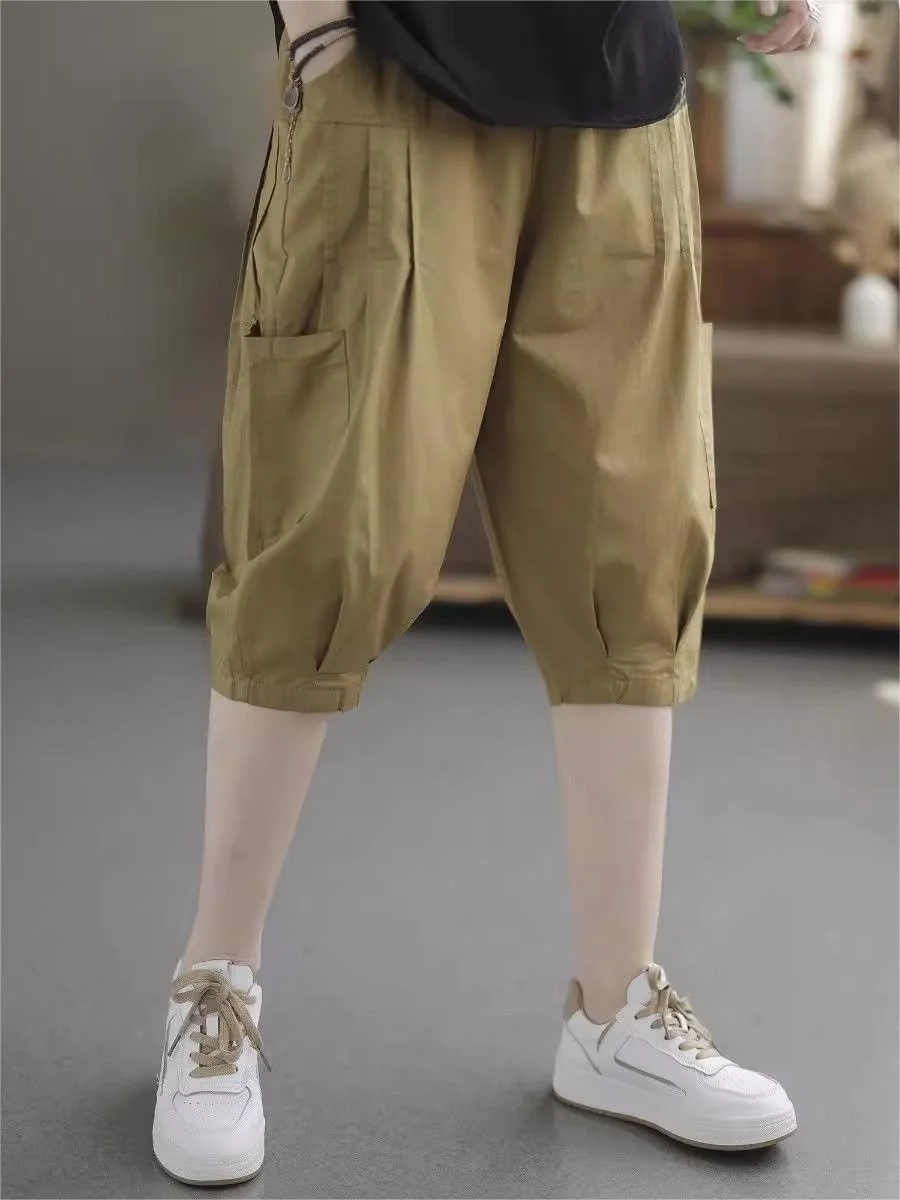 

Летние повседневные свободные женские брюки цвета хаки, винтажные лоскутные брюки-харланы, широкие брюки-кюлоты, повседневные брюки с широкими штанинами