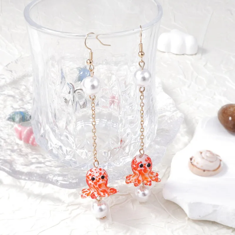 Cute Octopus Earrings Creative Glass Octopus Long Drop Earrings Unqiue Marine Series Design Earrings Wholesale Custom Packaging