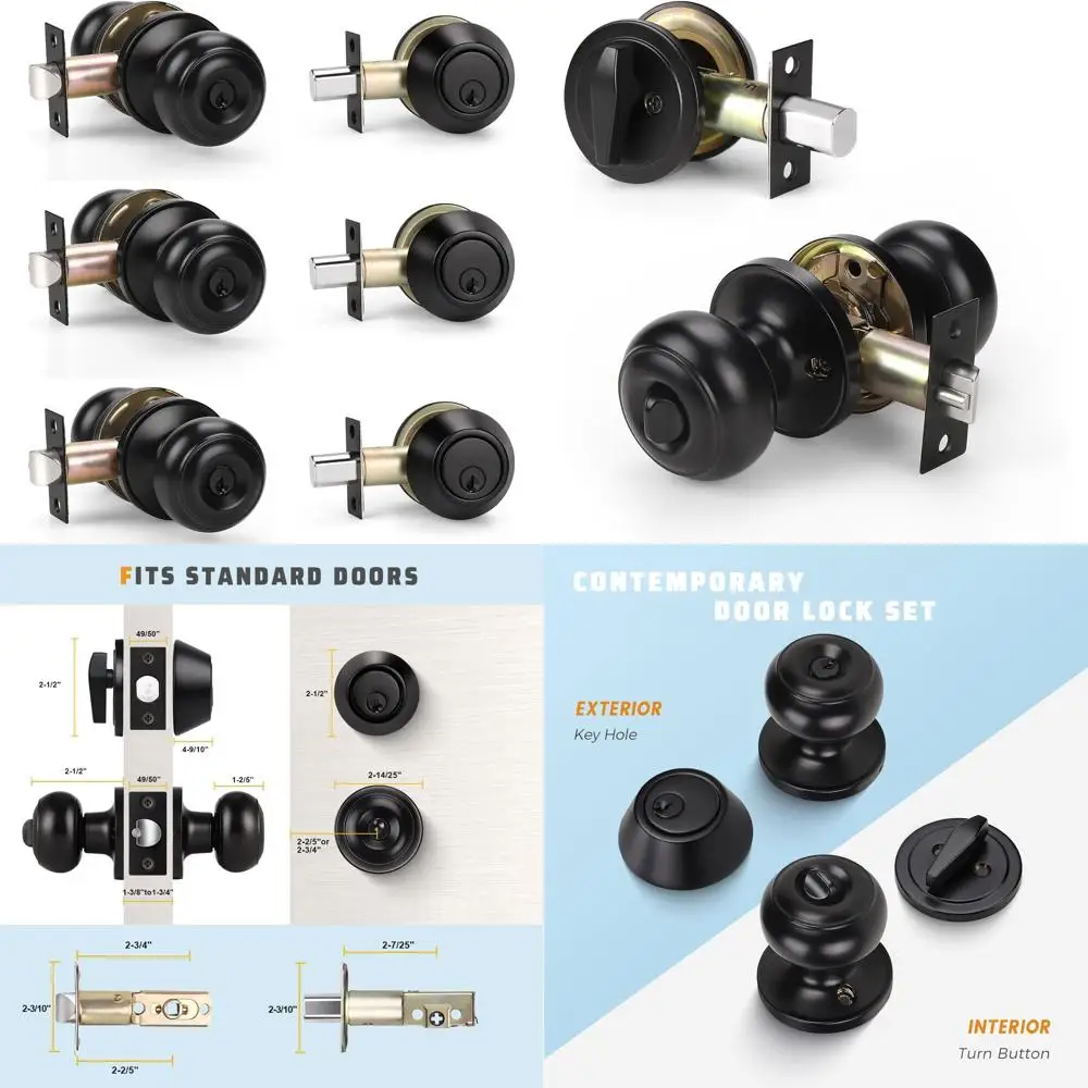 

Матовые черные дверные ручки (3 шт.) с одинаковым ключом и одинарным цилиндровым замком-защелкой для входных и наружных дверей, комплект для повышенной безопасности