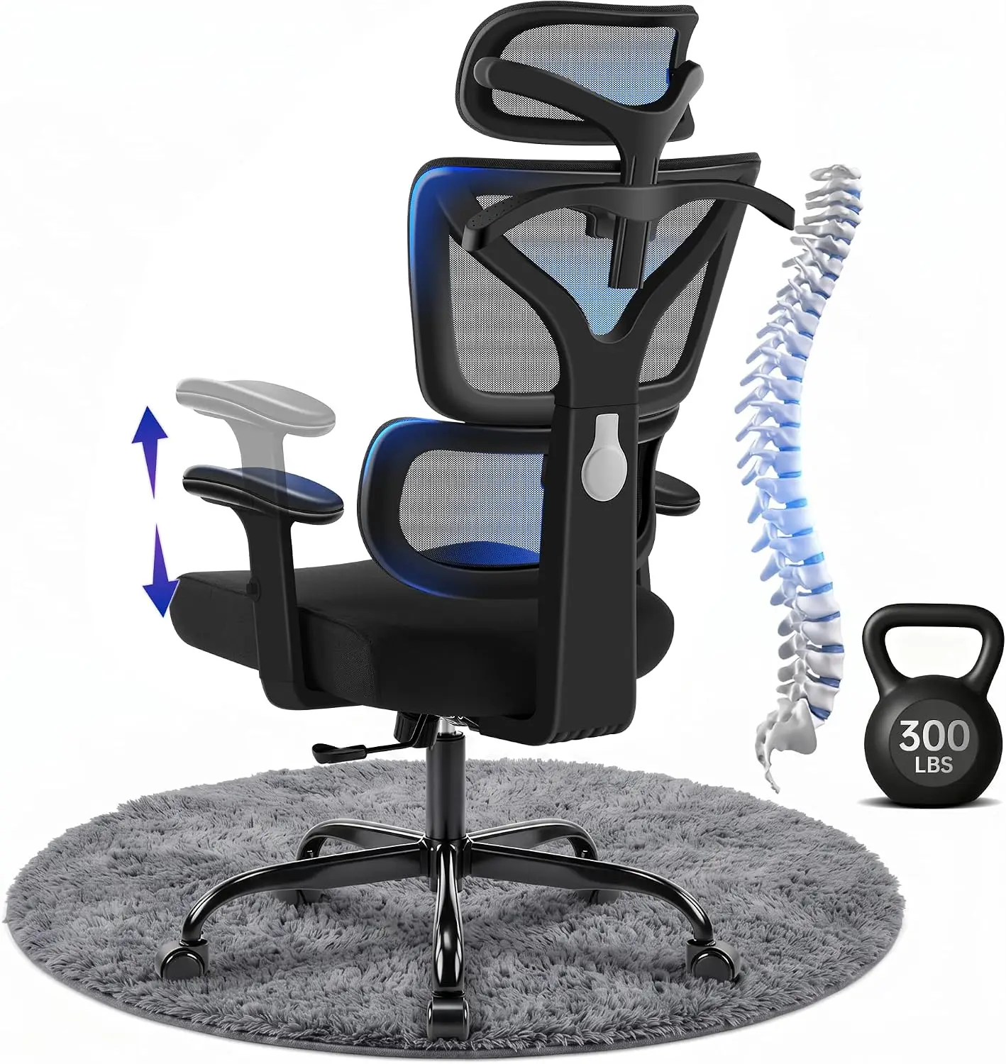 Ergonomic Office Chair, High Back Mesh Computer Chair with Comfortable Adaptive Lumbar Support, Built-in Coat Hanger, SGS Class