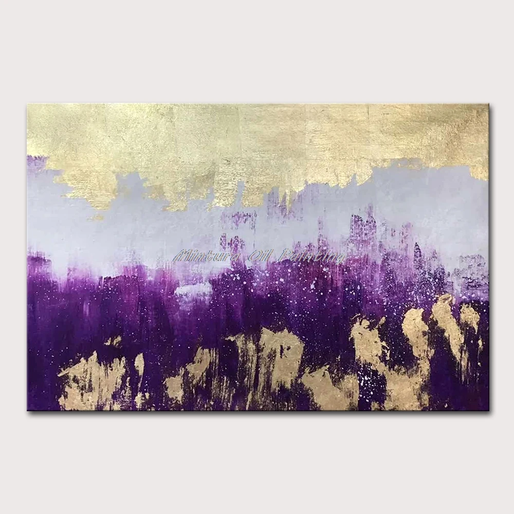 

Mintura Wall Picture for Living Room Oil Paintings on Canvas,Hand-Painted Purple and Gold Abstract Hotel Decor Wall Art No Frame