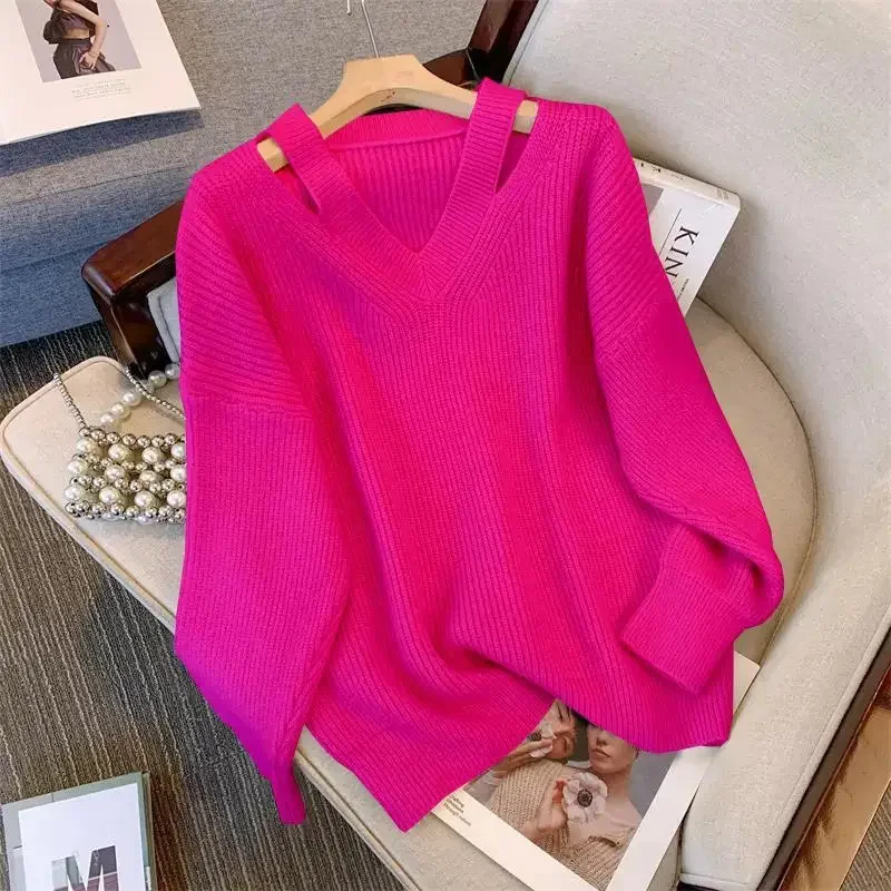 2024 Autumn Winter New Plus Size Women's Clothing Slimming Belly Covering European Style V-Neck Knit Inner Base Layer Top