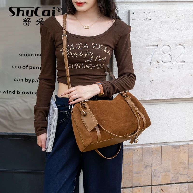 

Genuine Cow Leather Women Shoulder Crossbody Large Bag Matte Suede Luxury Designer High Quality Commute Ladies Cowhide Handbag