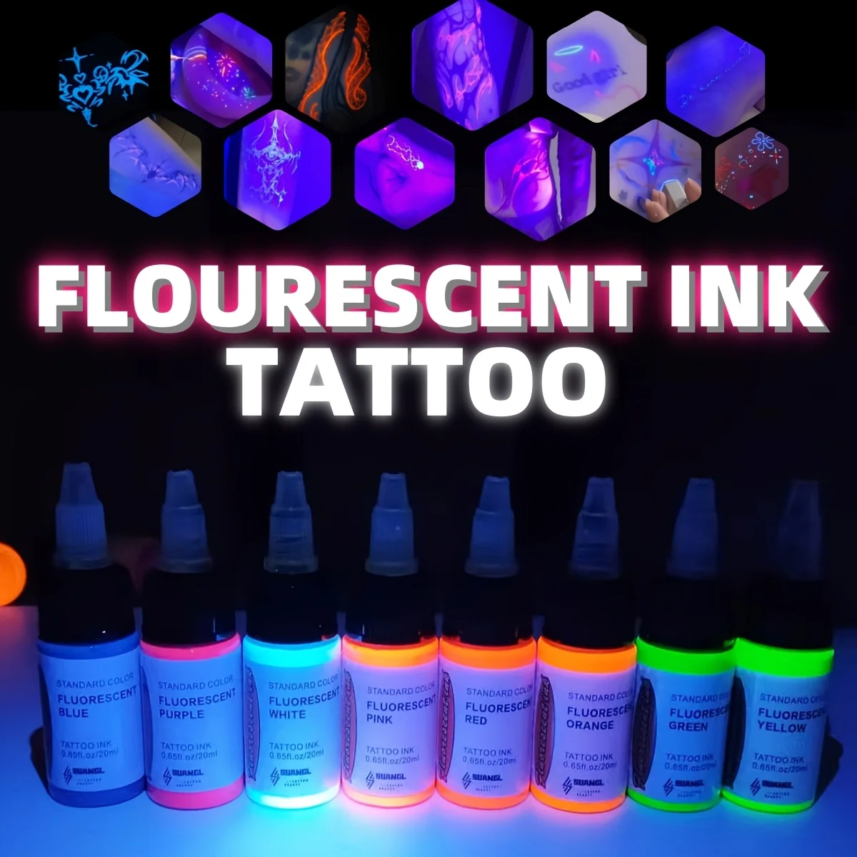 

Набор УФ-флуоресцентных чернил для татуировок — 8 цветов, светится в темноте, 20 мл, безопасных и нетоксичных для боди-арта.