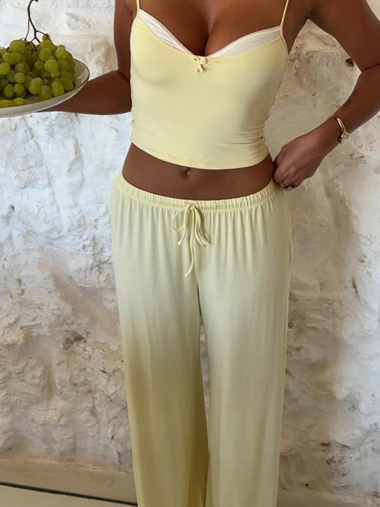 

Cute Woman Pink Spaghetti Strap Bow Top Suit Elastic Drawstring Floor-Length Pants Sets V-Neck Home Pullover Pajama Outfit