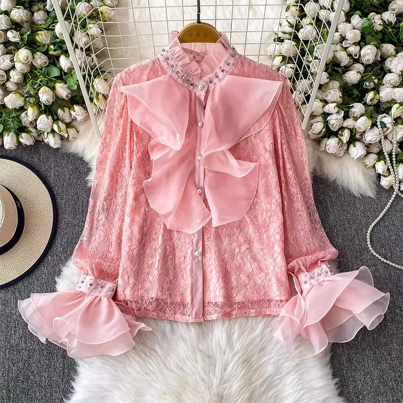 

Ele Lace Casual Long Sve Women's irt Spring 2025 Commute Sle Bell Sve Traditional Court Sle Sweet Floral Embe...