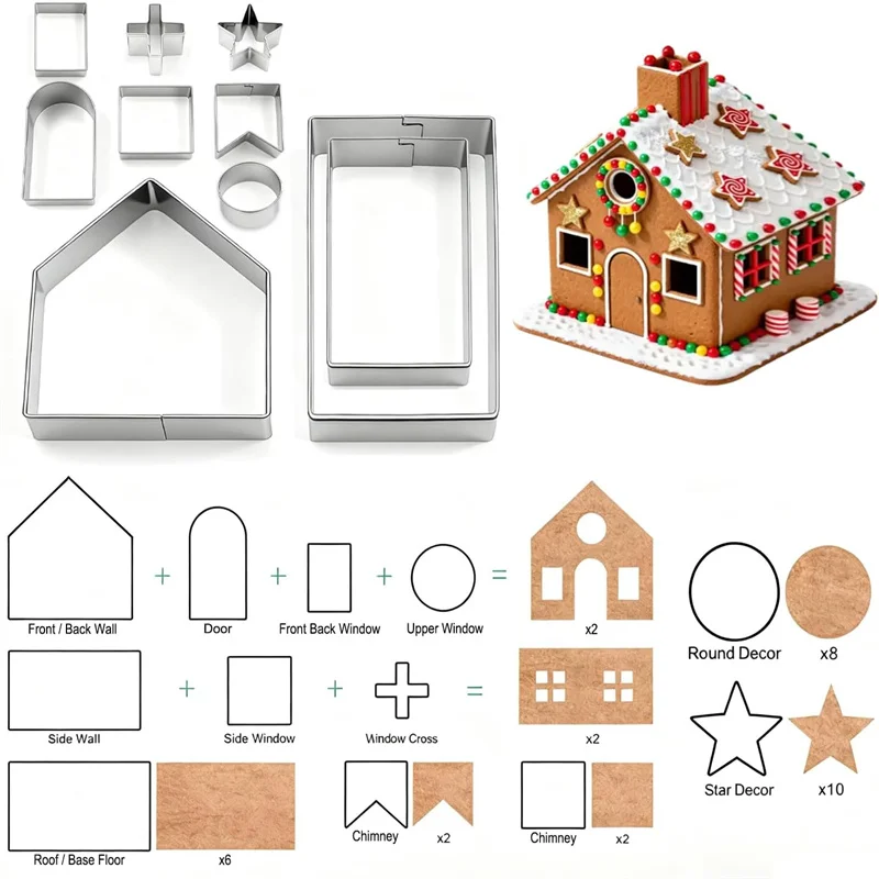 3D Christmas Gingerbread House Cookie Cutters Set Stainless Steel Cartoon Snowflake Biscuit Cutter Dough Donut Fondant Mold view 2