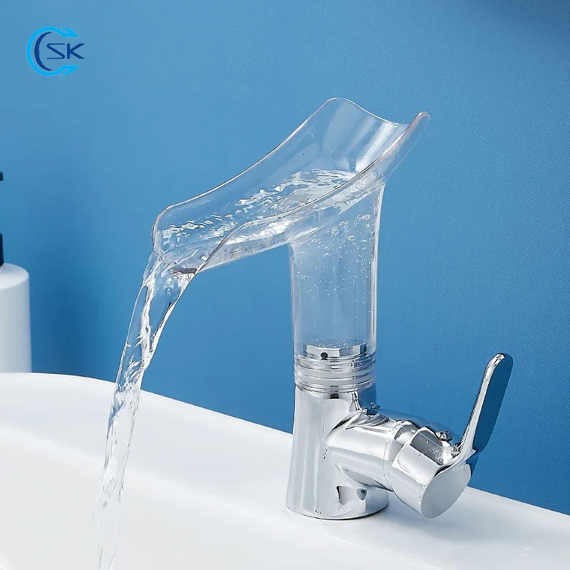 Waterfall Basin Faucet Transparent Bathroom Faucet Brass Sink Faucet  Cold Hot Water Mixer Tap Deck Mounted Single Hole Tapware