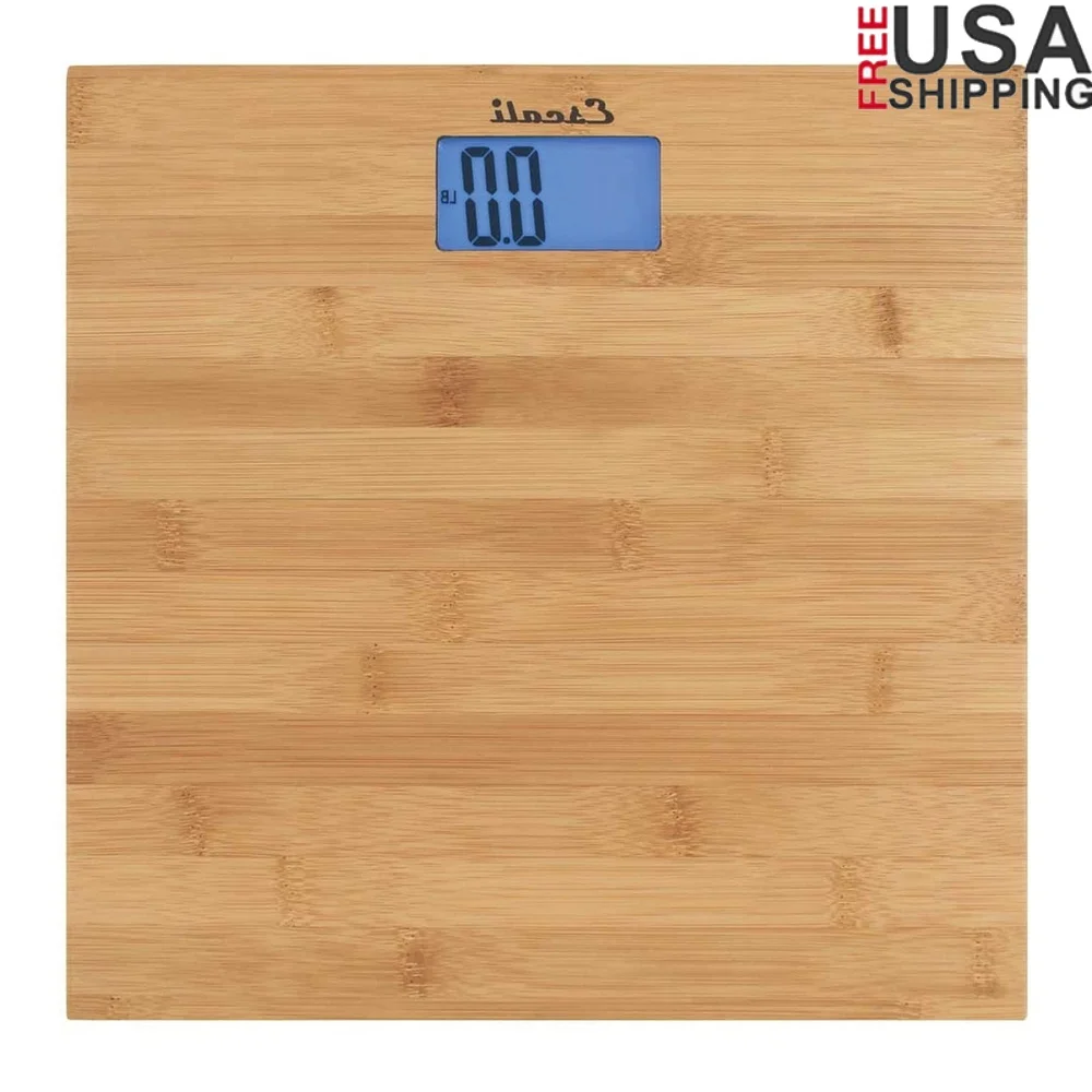 

Экологичные бамбуковые весы для ванной комнаты, цифровой дисплей, емкость 440 фунтов, мгновенное включение, синяя подсветка, легкий, прочный дизайн