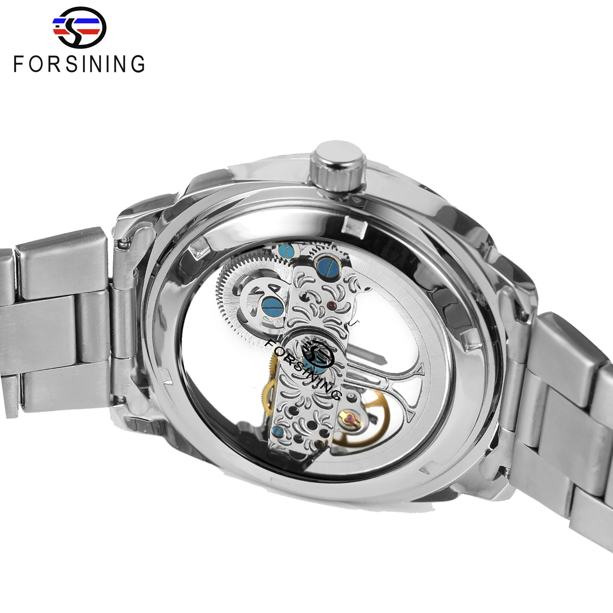 Forsining Men Transparent Design Mechanical Watch Automatic Silver Square Golden Gear Skeleton Stainless Steel Belts Clock Saati