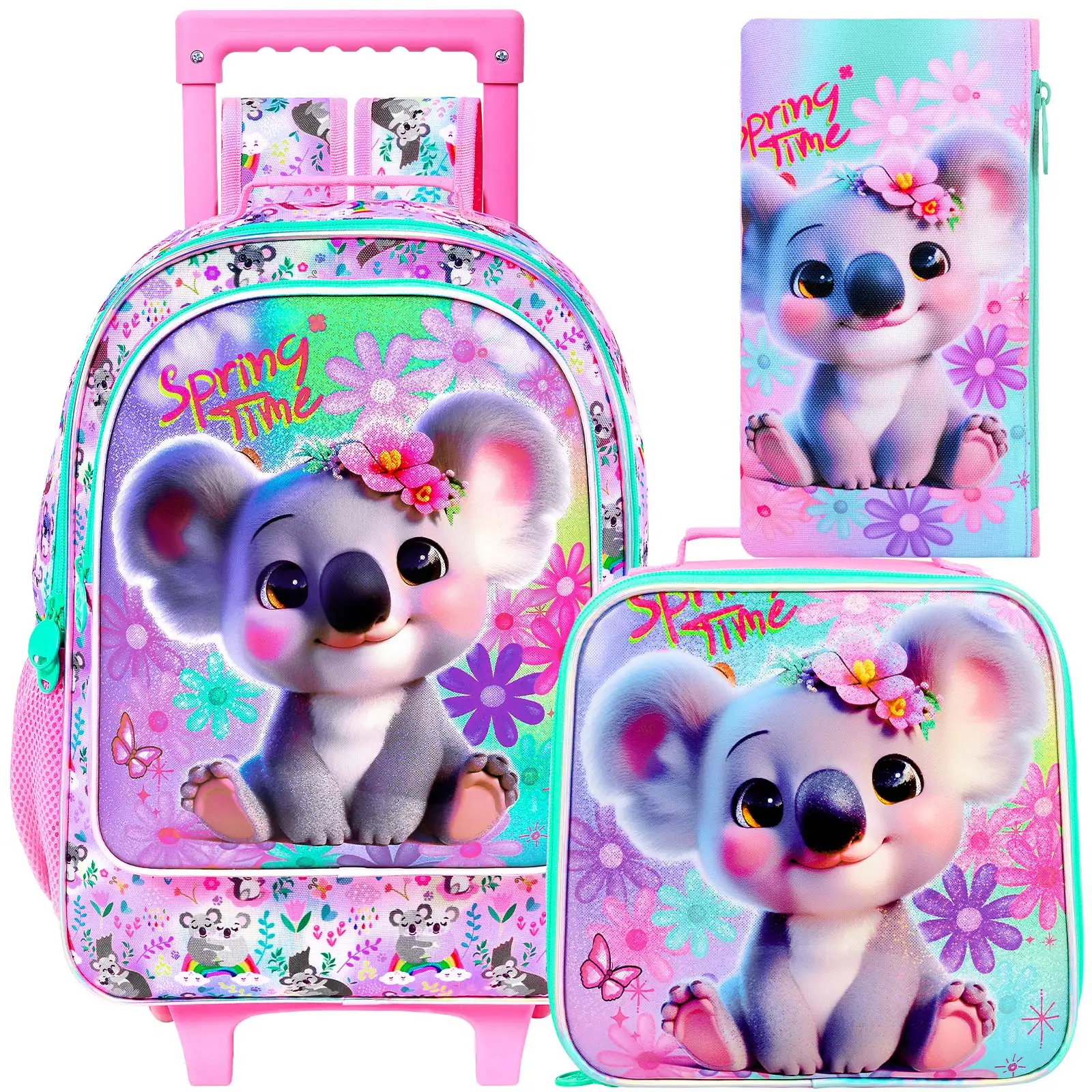

3PCS Rolling Backpack for Girls, 3PCS Kids Roller Bookbag with Lunch Bag, Wheeled School Bag for Children - Pink Koala