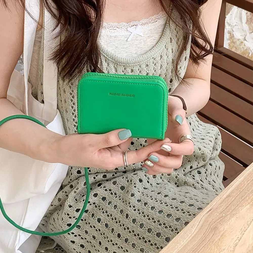 

Модный мужской и женский кошелек на шею, однотонный короткий кошелек из искусственной кожи на молнии с ремешком, студенческий кошелек, держатель для карт