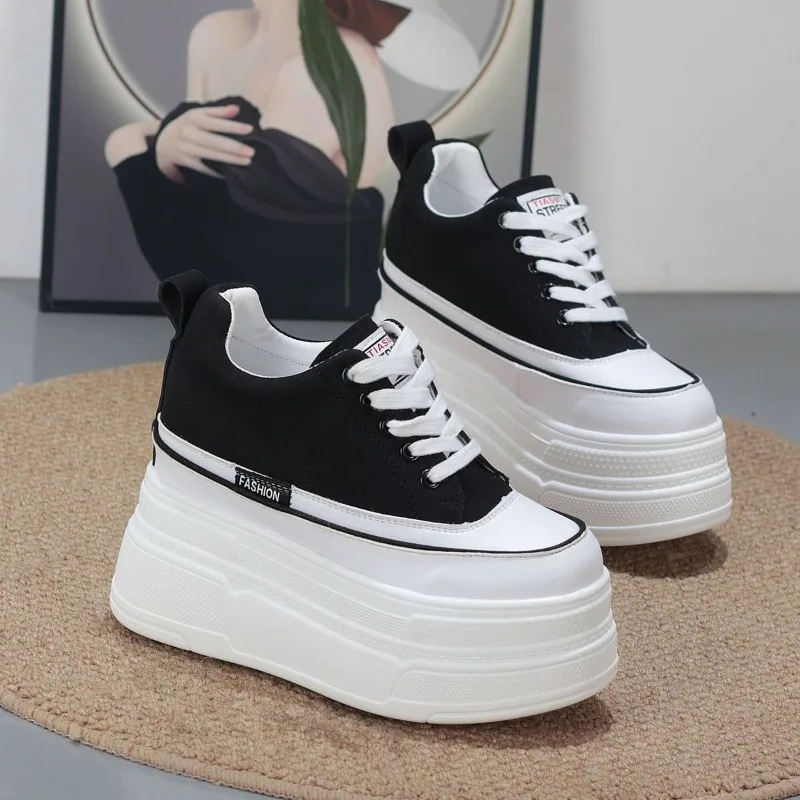 New 12cm High Platform Shoes Women  Autumn Chunky Sneakers Designer Thick Sole Leather Sports Shoes Breathable Sneakers Woman