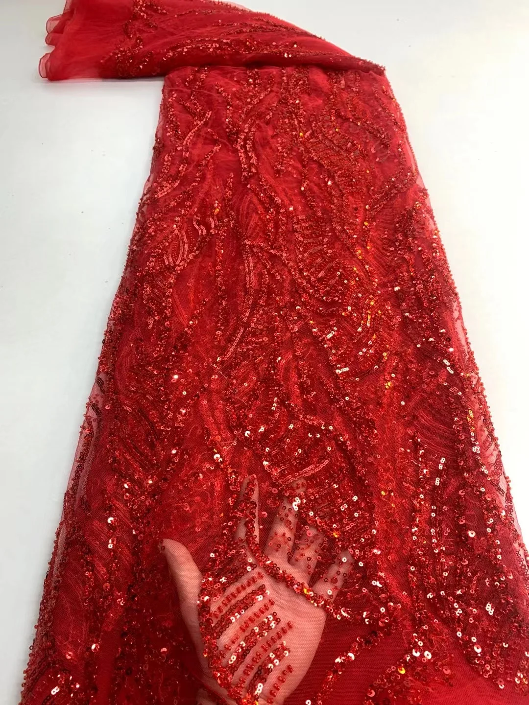 

(5yards/pc) High quality red African tulle lace fabric tube beads and sequins embroidered French net lace for party dress FXZ208
