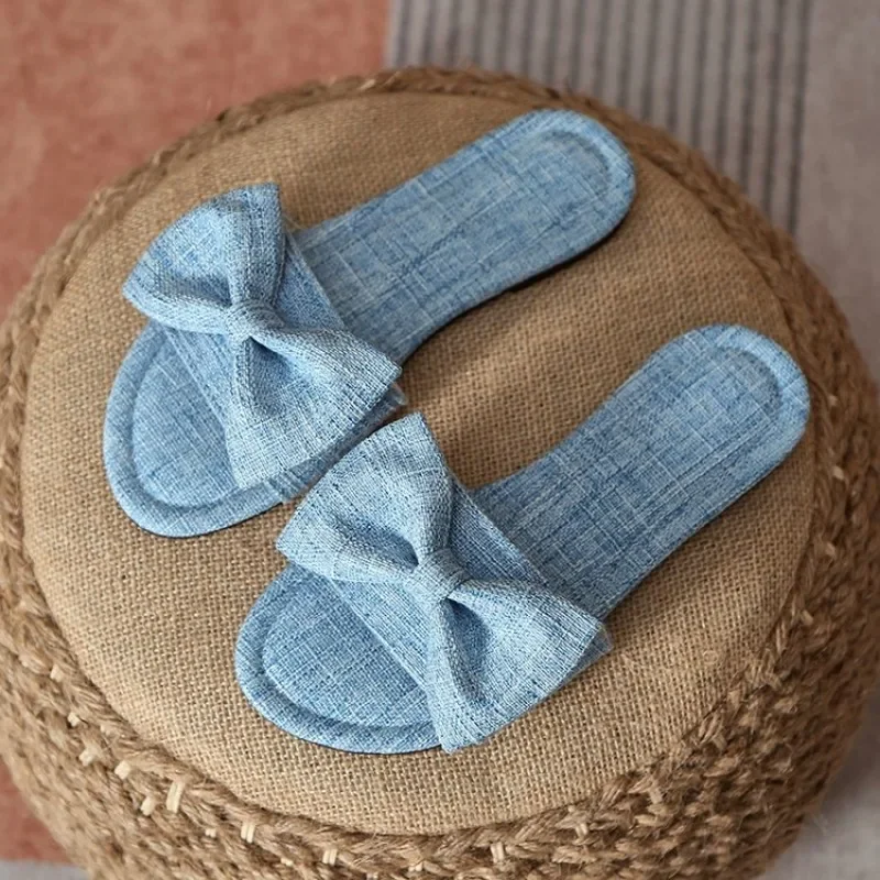 2024 New Summer Women Mules Slides Blue Denim Bowknot Slippers Fetish Shoes Lady Outdoors  Sandals 35-43