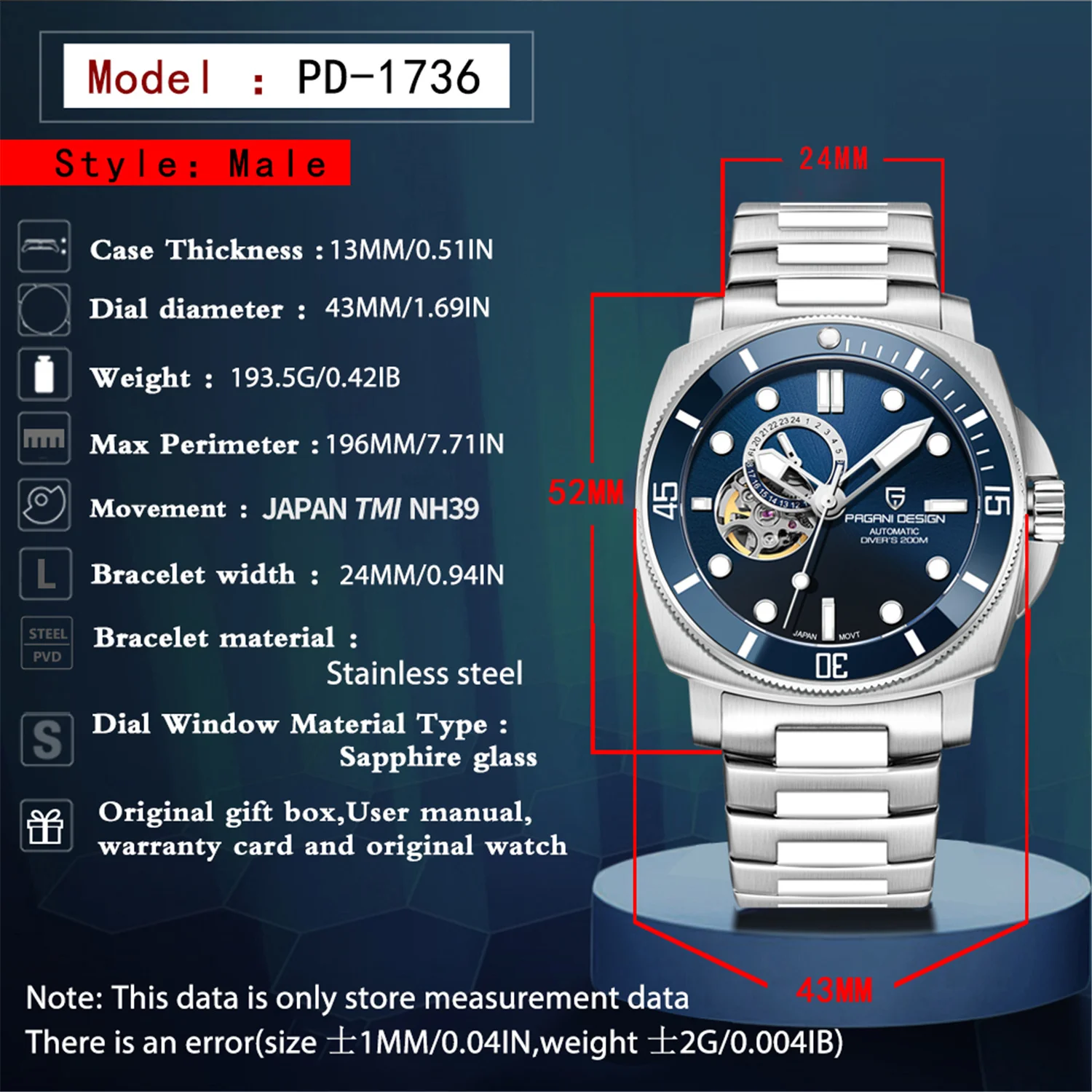 2024 NEW PAGANI DESIGN Stainless Steel PD1736 Men‘s NH39 Sports Automatic Mechanical Watches Sapphire Montre Reloj Hombre