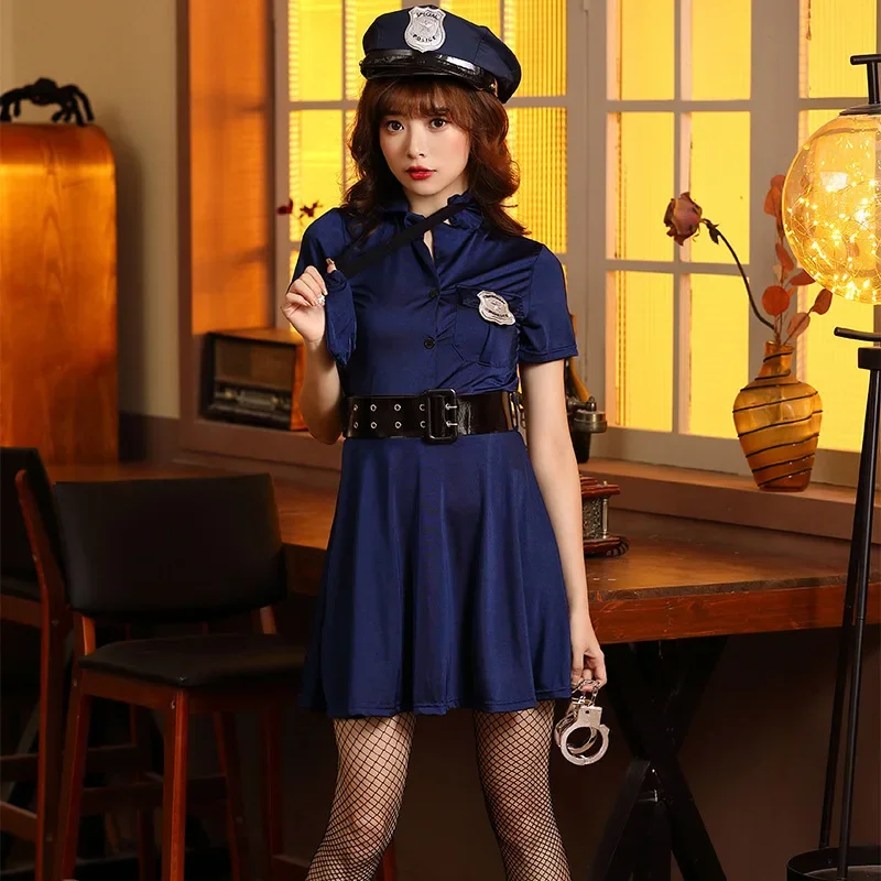 

Girls Halloween Sexy Bar Nightclub Dance Wear Dress Set Blue Elastic Summer Police Costume Exotic Woman Police Officer Clothing