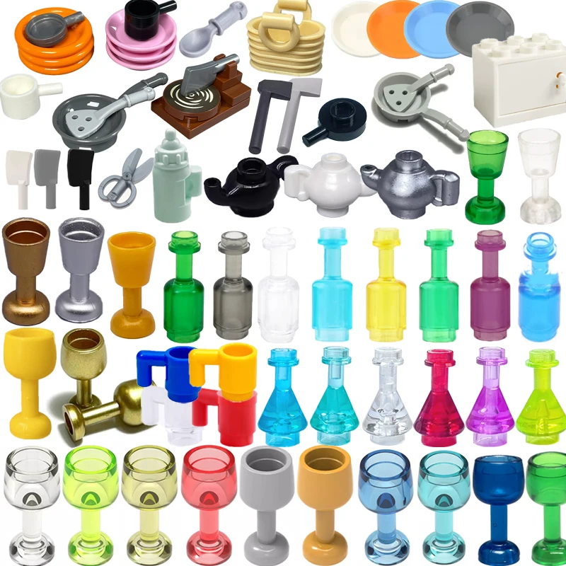 MOC Kitchen Accessories Building Blocks Wine Glass Kitchenware Kettle Pot Dining Plate Seasoning Bottle Spoon Scissors Toys S13