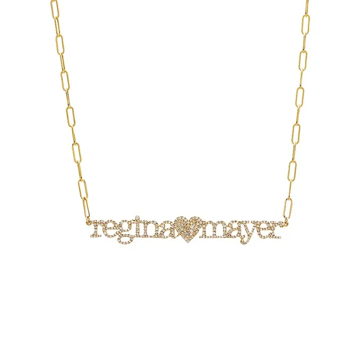 Custom Gold Name Necklace Personalized Pendant with Heart Detail Cubic Zirconia Inlay Chunky Chain Jewelry Unique Christmas Love