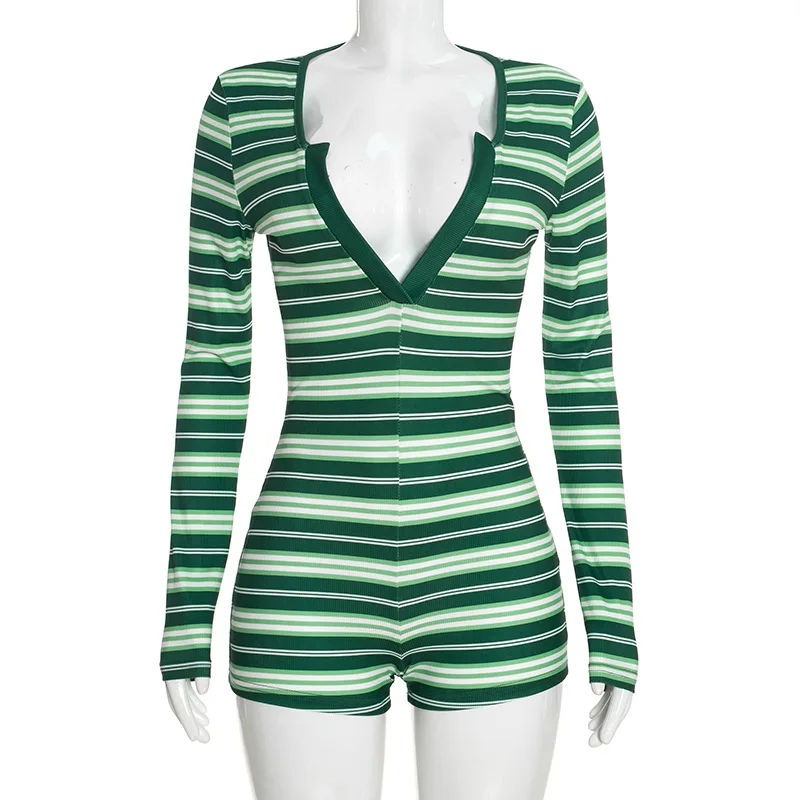 JENYAGE Damen Gestreifter Gerippter Romper mit Tiefem V-Ausschnitt, Langen Ärmeln, Figurbetonter Kurzer Overall, Sexy Club-Outfit, Brauner Streifen, Einteiliger Playsuit – Detail 11