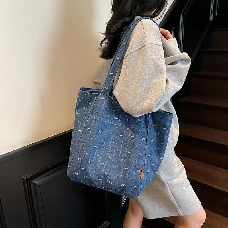 Denim Canvas Tote Bag Women Cute Bow Print Large Capacity Shoulder Bag Vintage Daily Commute Student Shopper Handbag