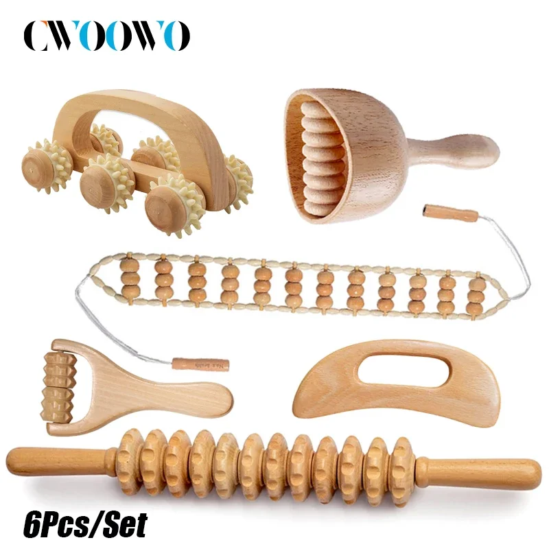 CWOOWO 6Pcs/Set Wood Therapy Massage Tools, Massage Roller Relax Muscles, Relieve Soreness & Lymphatic Drainage, Body Sculpting