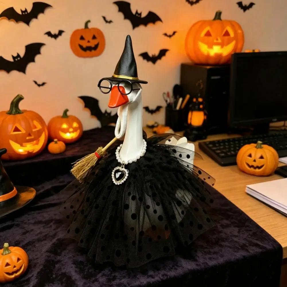 Halloween Witch Costume for Mini Goose Polka Dot Mesh Skirt Wizard Hat Broom Outdoor Garden Party Decor Ornament