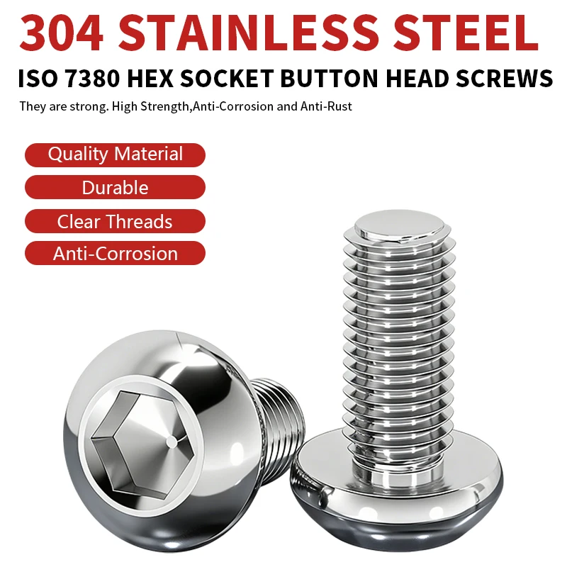 ISO7380 Hexagon Socket Button Head Screw 304 Stainless Steel A2-70 M3 M4 M5 M6 M8 M10 Allen Button Head Fastener Hardware