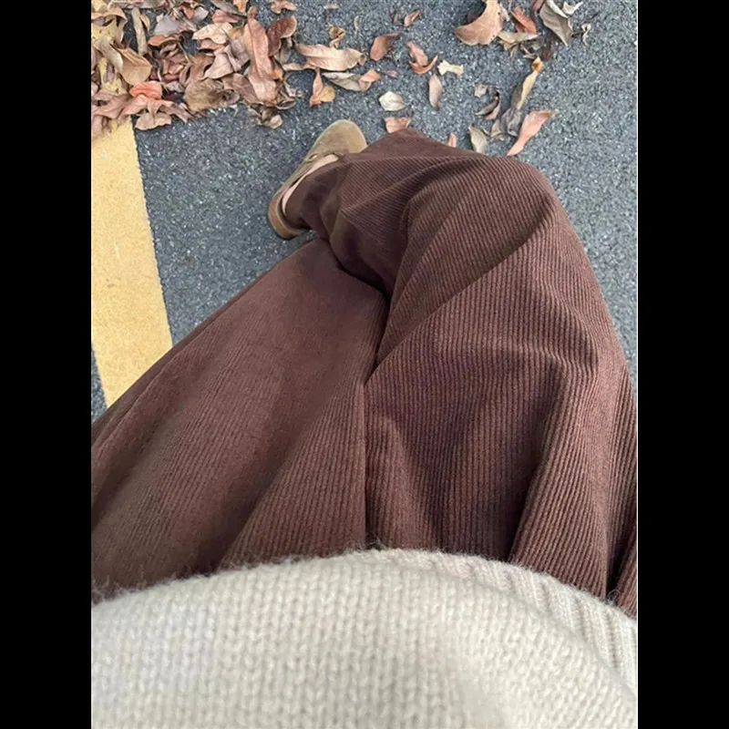 プラスサイズブラウンコーデュロイワイドレッグパンツ女性のカジュアル秋冬太った人痩身バルーンパンツ女性レジャーパンツ