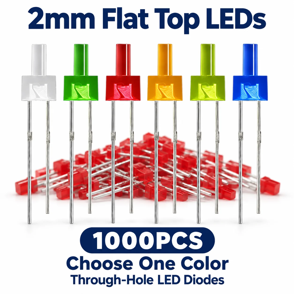 1000PCS 2mm Flat Top LED Diodes Through-Hole Indicator Lights 6 Color Options for PCB DIY Electronics and Model Lighting