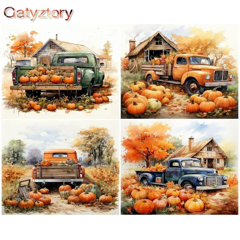 

GATYZTORY Painting By Numbers For Adults pumpkin cart Acrylic Paints Canvas Drawing Diy Landscape Halloween Decoration Artwork