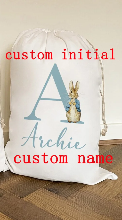 Personalised name Letter initial pink blue Bunny happy Easter rabbit bag Egg Hunt basket children kid boy girl gift Sack Bucket