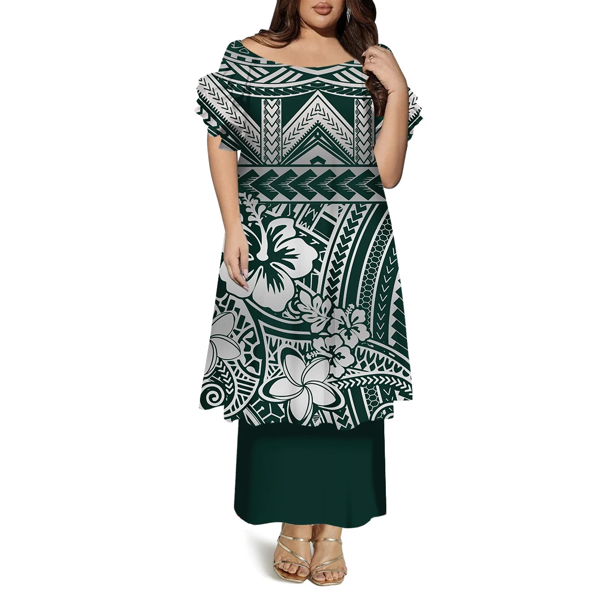 Vestido casual polinésio de camada dupla feito sob medida com gola redonda e manga borboleta com padrões confortáveis macios e soltos