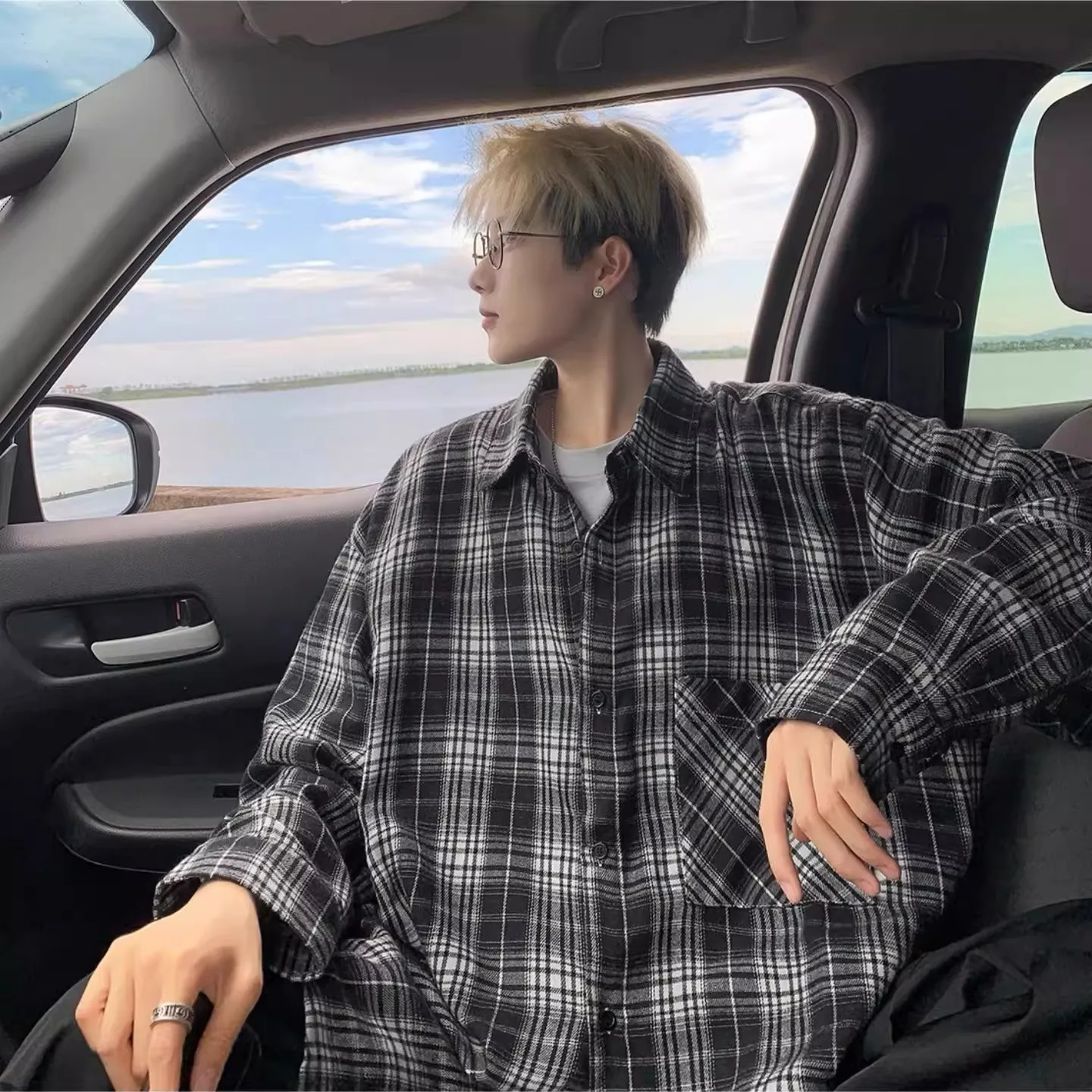 

American Sle Plaid Long Sve Loose Casual irt Men's Spring Autumn Trendy Lazy Sle Couple Match Outerwear Coat