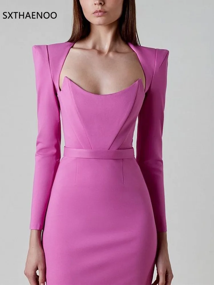 SXTHAENOO Frauen Winter Sexy Langarm V-ausschnitt Rosa Schwarz Weiß Midi Verband Kleid 2025, Elegante Abend Club Party Kleid