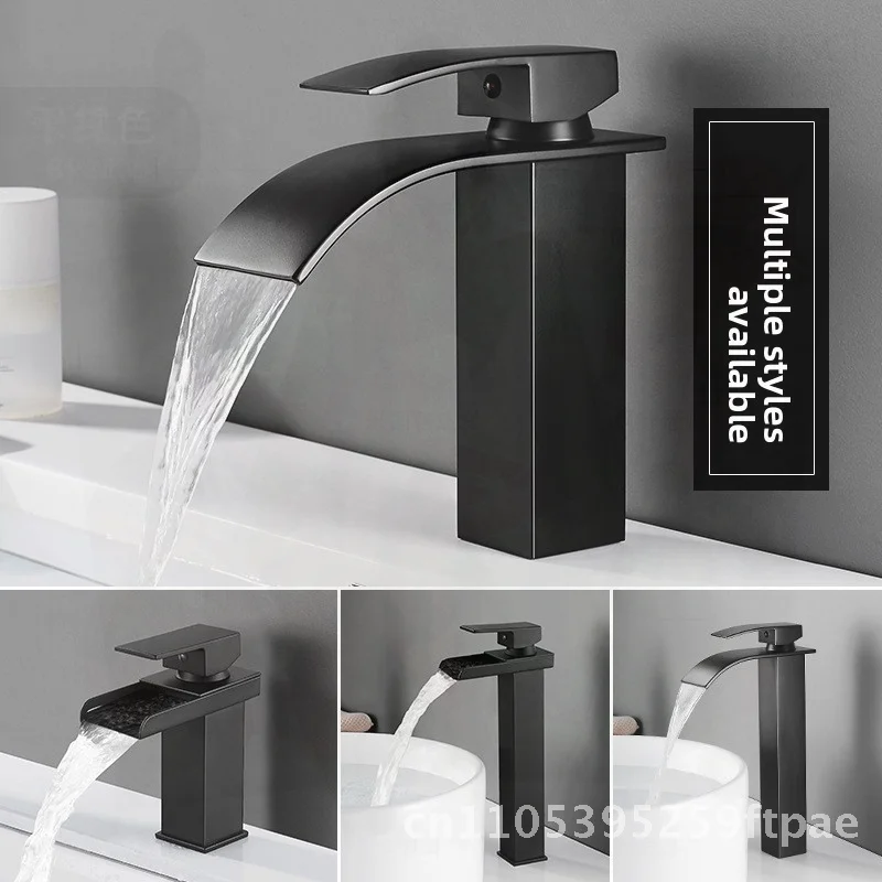 Black Copper Core Waterfall Faucet for Wash Basin Bathroom Toilet Modern Stainless Steel Hot And Cold Mixed Basin Mixer Tap 3