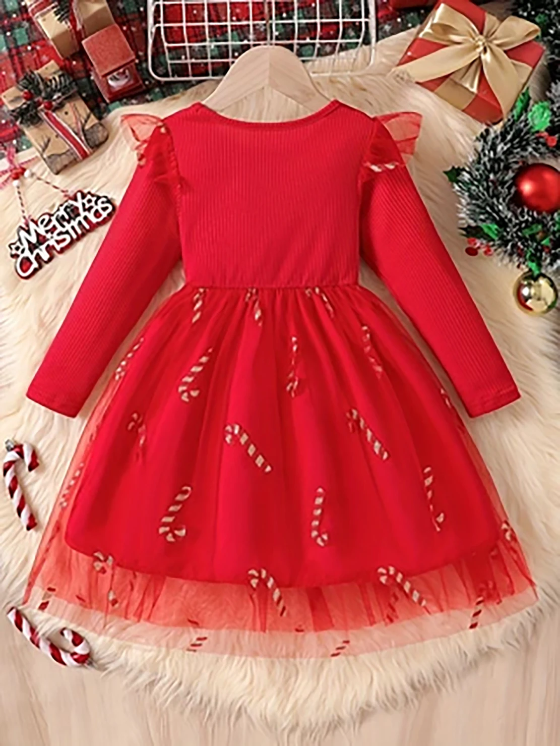 Little Girls' Red Christmas Tulle Princess Dress, Long-Sleeve Double Bow Dress for Autumn & Winter