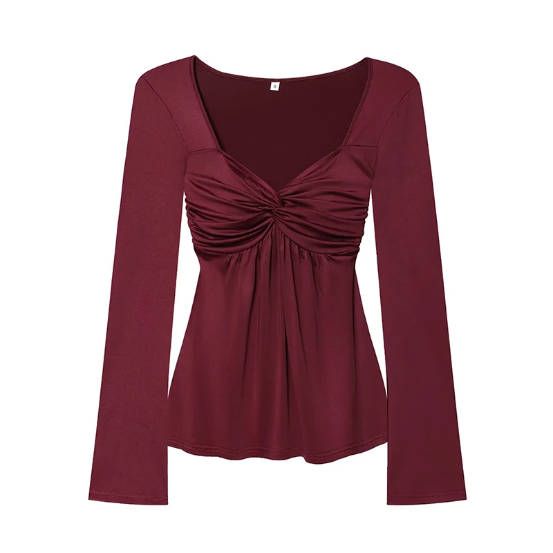 

YENKYE милая элегантная футболка с v-образным вырезом для девочек, женские тонкие весенние футболки с длинными рукавами и высокой талией, 2026 топы