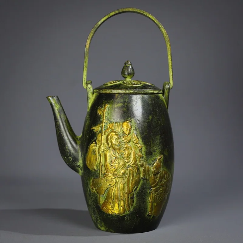 Antique Collectible Teapot and Wine Flask Eight Immortals Motif, Bronze Color with Gilt Decoration for Collecting an