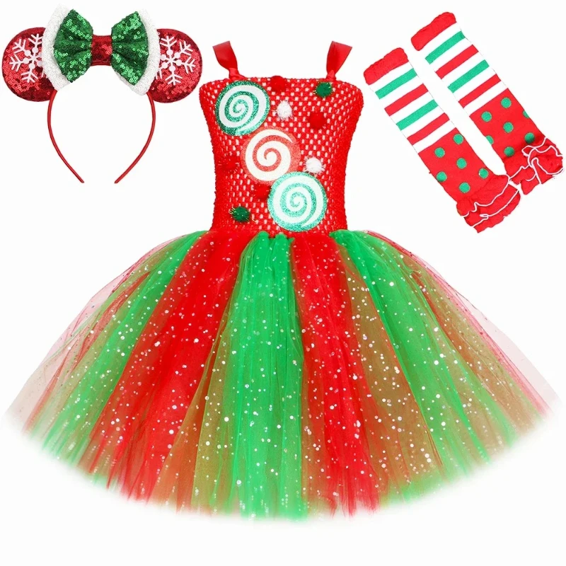 

Red Green Christmas Costumes for Girls Xmas Party Tutu Dress with Bow Socks Kids New Year Carnival Outfits Child Holiday Clothes