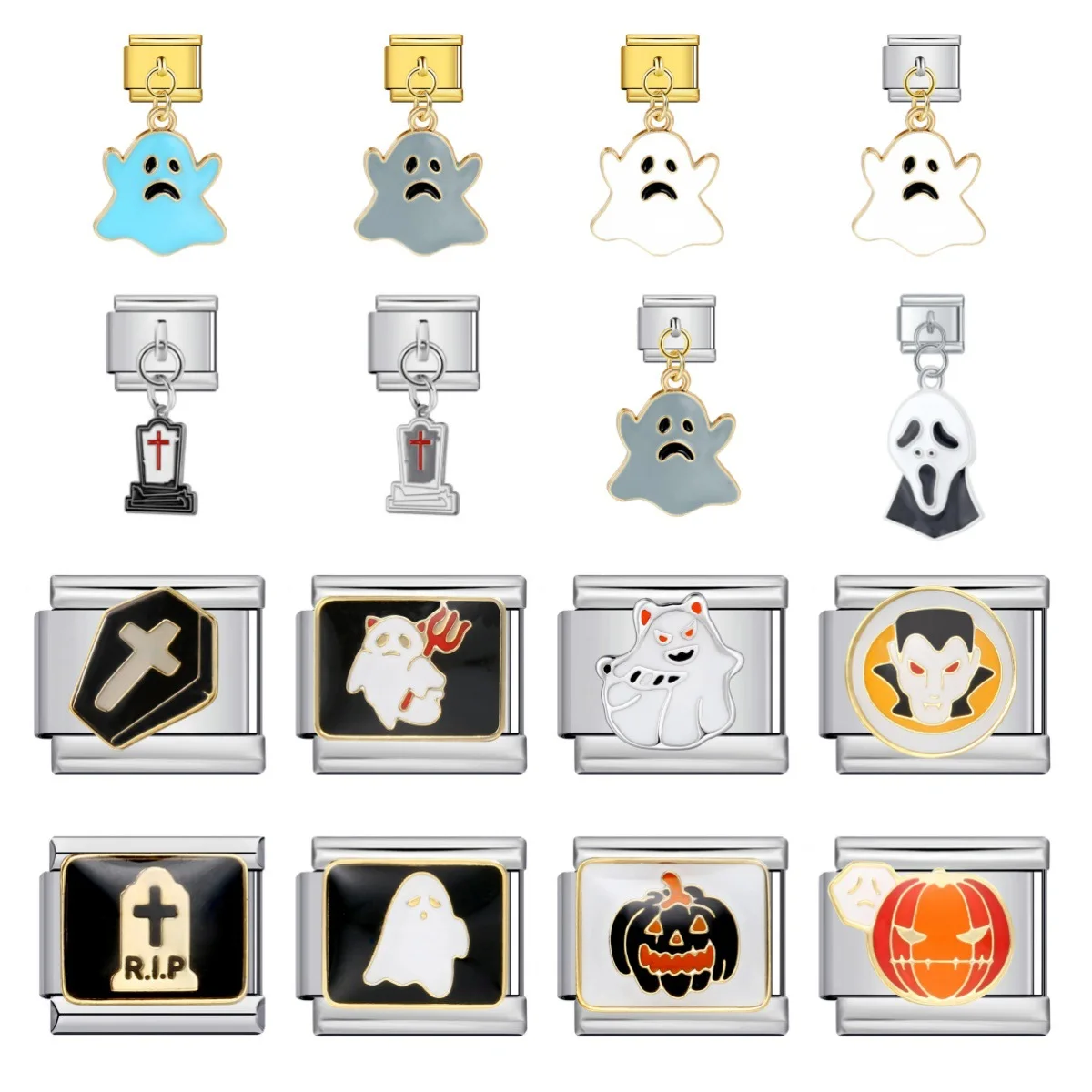 Halloween Italian Charm Links Stainless Steel Hook Enamel Dangle Charms Ghost Coffin Pendant Modular Bracelet Accessories