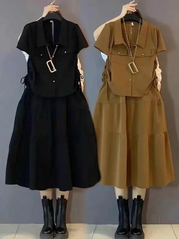 

plus Size Casual Faionable Two-Piece Set ort Sve irt And f-length Skirt Slimming High Waist A-Line Skirt for Women