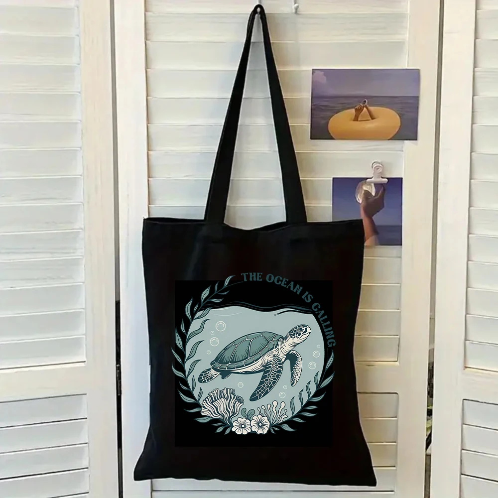 

The Ocean Is Calling Turtle Print Black Canvas Tote Bag, Women Shoulder Bag, Nature Lover Handbag for Beach Days