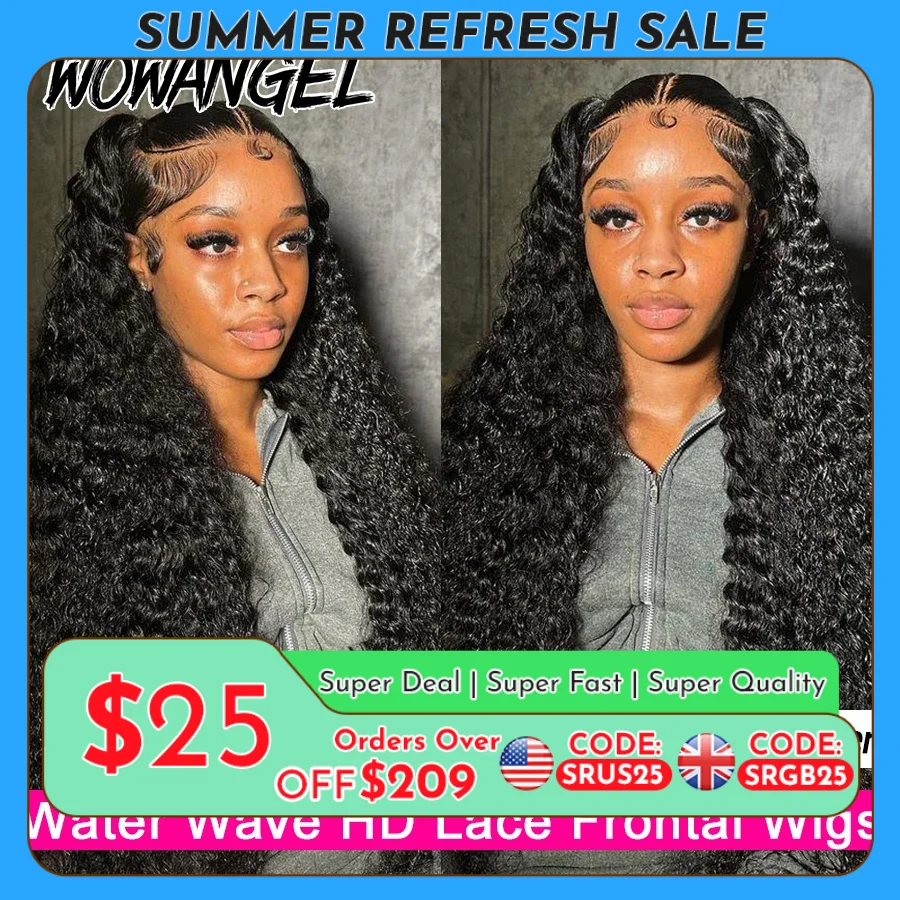 Wow Angel 13x6 HD Lace Frontal Wigs Water Wave Melt Skins Transparent HD Lace Front Human Hair Wigs Pre Plucked Remy Curly Wigs