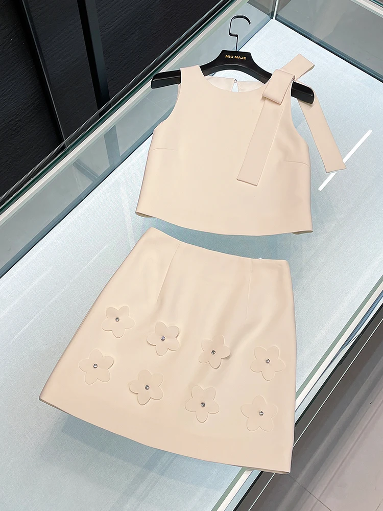 سترة نسائية عالية الجودة بدون أكمام بتصميم عقدة فراشة وتنورة نصفية بتصميم زهور ثلاثية الأبعاد، مجموعة من قطعتين لفصل الصيف، ط...