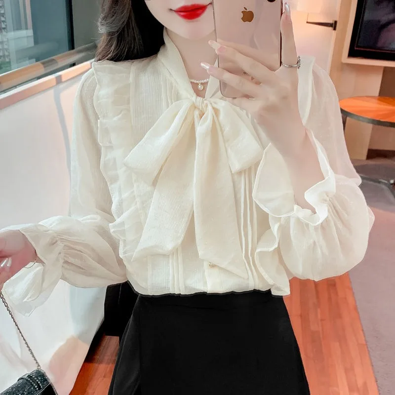 

Bowknot Shirt Female 2024 Spring and Summer New Style Loose Sweet Chiffon Shirt Flare Sleeve Shirt All-match Upper Outer Garment